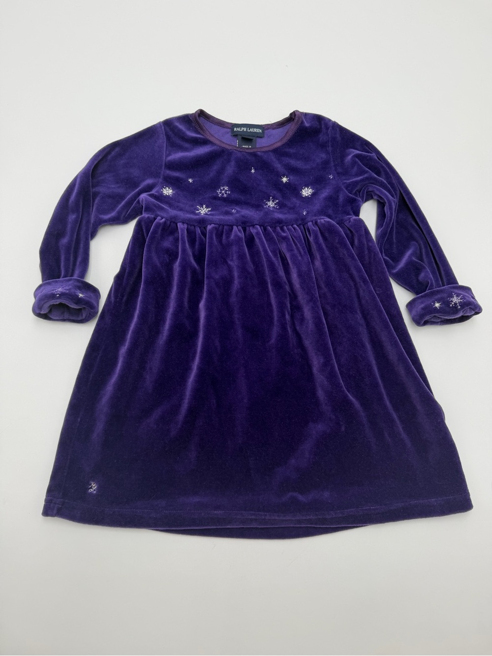 Vintage Ralph Lauren Girls 3T Purple Velour Dress Embroidered Snowflake Holiday